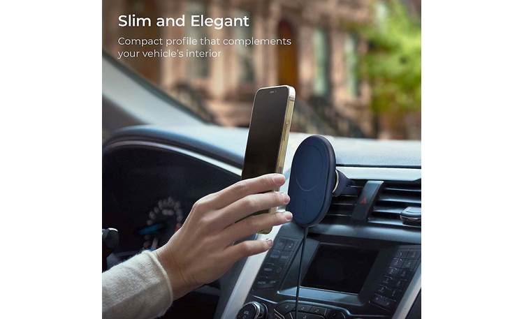 iOttie Velox™ Wireless Charger with Magnetic Mount The silicon cover protects and grips your phone (phone, vehicle, and blurred scenery not included)