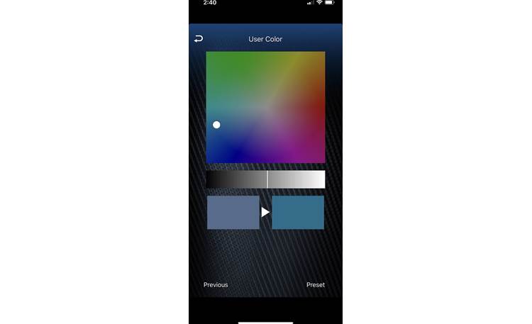 Kenwood KDC-BT34 Screenshot of variable color settings on Kenwood Remote app