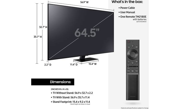 Samsung QN65Q80A Dimensions from manufacturer may vary slightly from Crutchfield's measurements