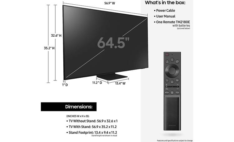 Samsung QN65QN90A Dimensions from manufacturer may vary slightly from Crutchfield's measurements