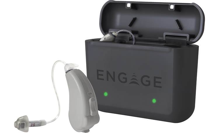 Lucid Audio Engage™ Front, showing Engage hearing aid and included charging case