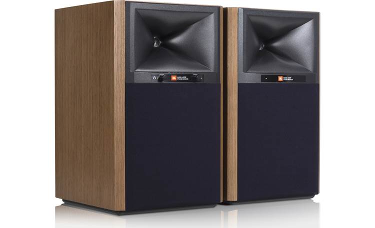 JBL 4305P Studio Monitors Angled right, with grilles