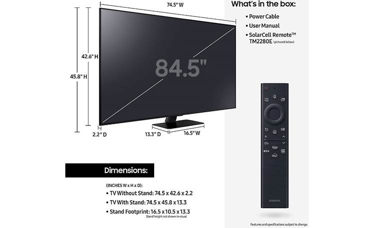 Samsung QN85Q80B Dimensions from manufacturer may vary slightly from Crutchfield's measurements