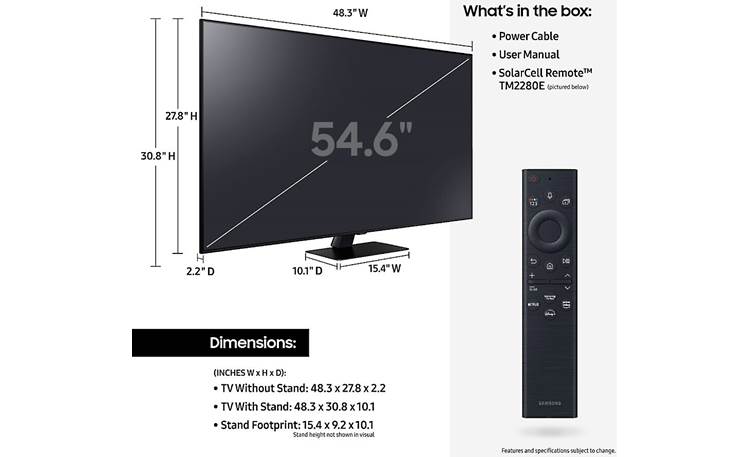 Samsung QN55Q80B Dimensions from manufacturer may vary slightly from Crutchfield's measurements