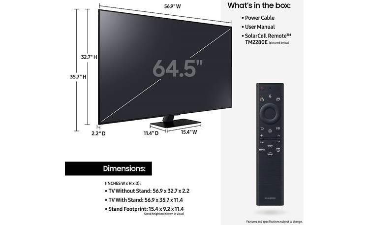 Samsung QN65Q80B Dimensions from manufacturer may vary slightly from Crutchfield's measurements
