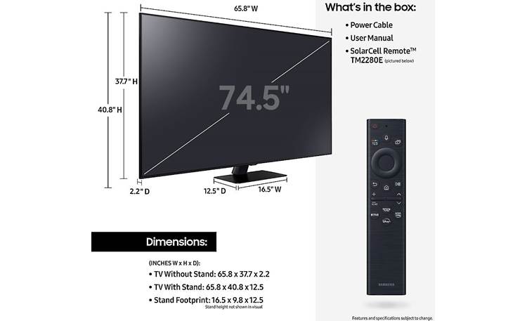 Samsung QN75Q80B Dimensions from manufacturer may vary slightly from Crutchfield's measurements