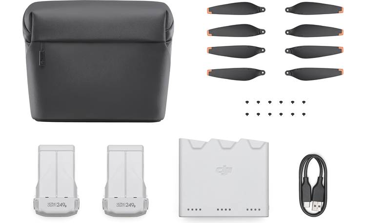 DJI Mini 3 Pro Fly More Kit Includes two flight batteries, charging hub, shoulder bag, data cable, and spare propellers