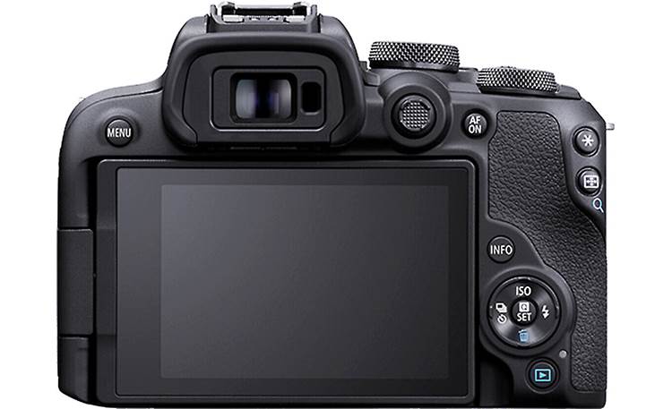 Canon EOS R10 (no lens included) Back view showing 3" high-resolution 1.04-million-dot rotating LCD touchscreen