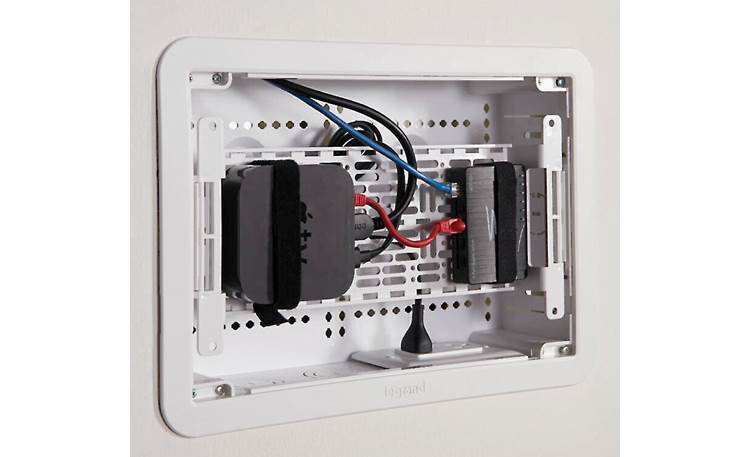 Sanus SA-IWB9KIT The included AC outlet installs in one of the rectangular knock-out openings in the bottom of the recessed box