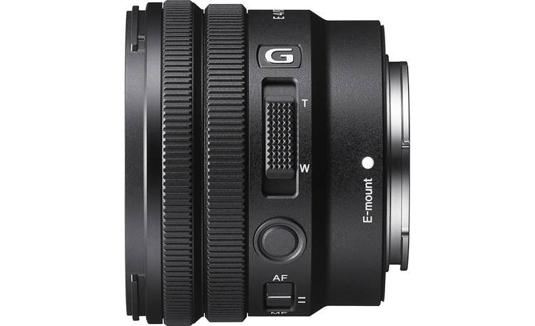 Sony SELP1020G PZ 10-20mm f/4 Left side view showing focus hold button, zoom lever, and AF/MF switch