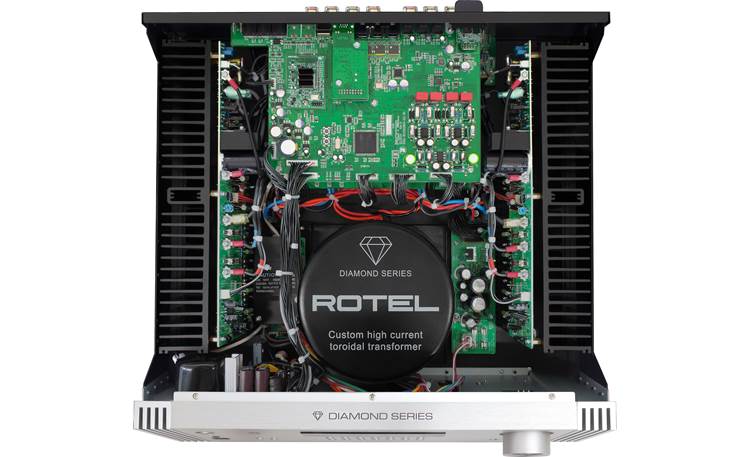 Rotel Diamond Series RA-6000 A peek inside the RA-6000, showing its massive custom-built toroidal transformer