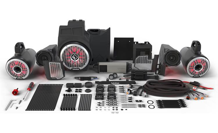Rockford Fosgate Stage 6 audio upgrade kit for select 2020-up Polaris RZR XP models with Ride Command: includes 6 speakers, 5-channel amplifier, and 10" sub at Crutchfield