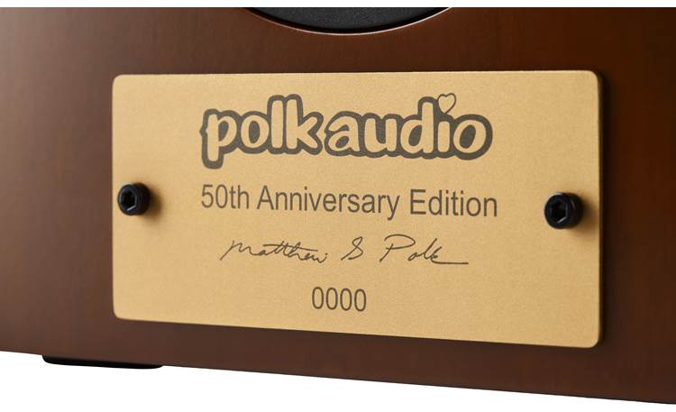 Polk Audio Reserve R200 50th Anniversary Edition Commemorative plaque with Matthew Polk's signature, old-school Polk logo, and unique serial number.
