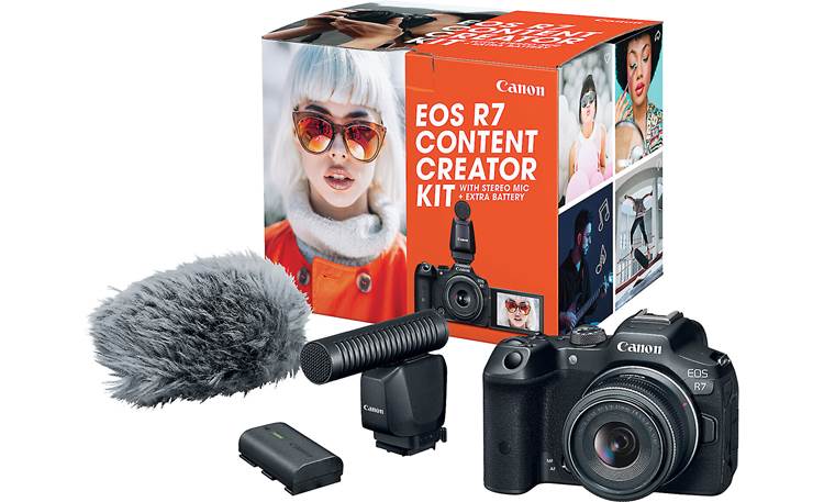 Canon EOS R7 Content Creator Kit R7 mirrorless camera with 18-45mm lens,  microphone, and extra battery at Crutchfield