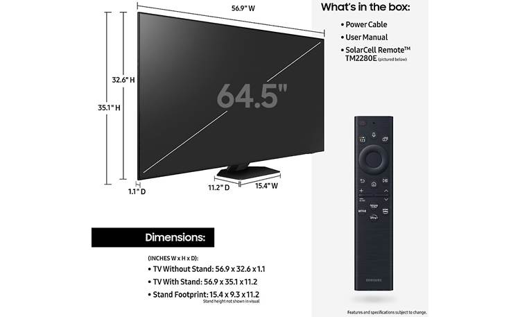 Samsung QN65QN85B Dimensions from manufacturer may vary slightly from Crutchfield's measurements