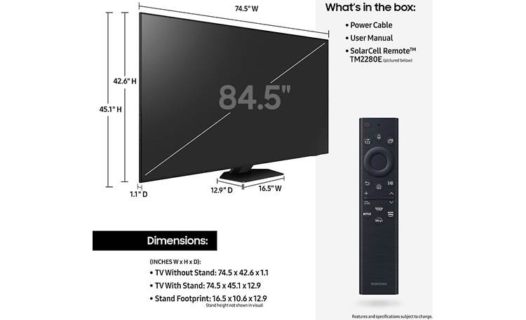 Samsung QN85QN85B Dimensions from manufacturer may vary slightly from Crutchfield's measurements
