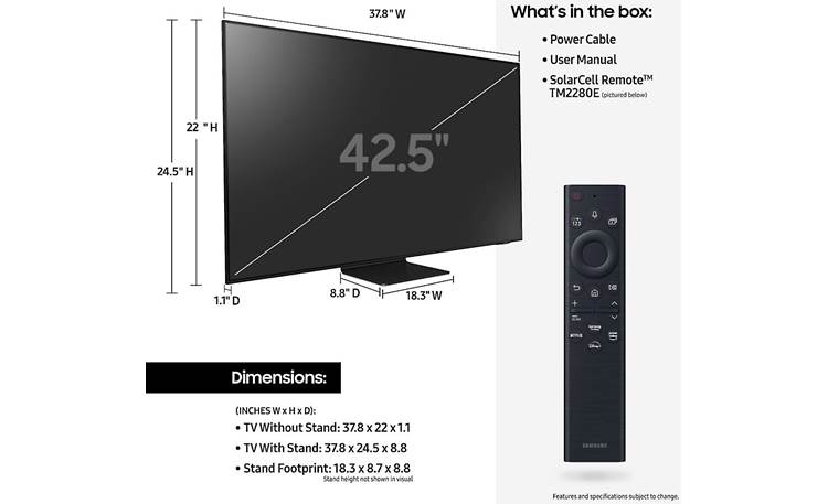 Samsung QN43QN90B Dimensions from manufacturer may vary slightly from Crutchfield's measurements