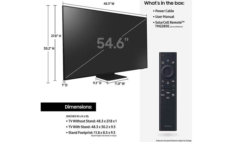 Samsung QN55QN90B Dimensions from manufacturer may vary slightly from Crutchfield's measurements