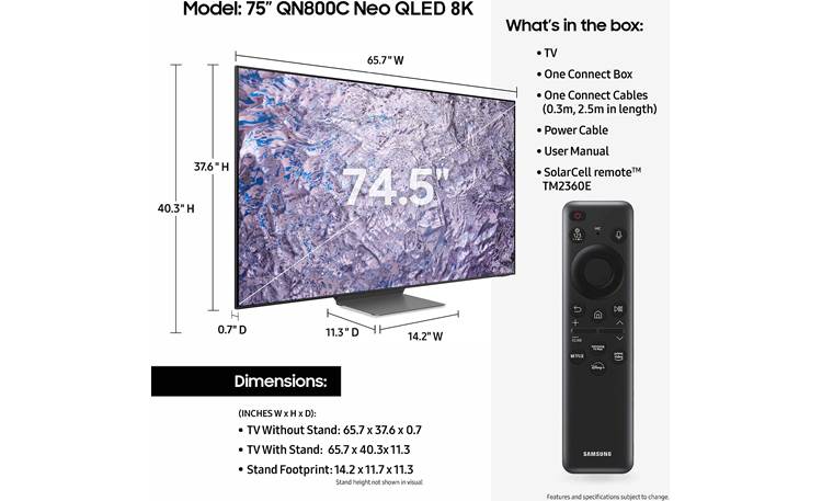 Samsung QN75QN800C Dimensions from the manufacturer may vary slightly from Crutchfield's measurements