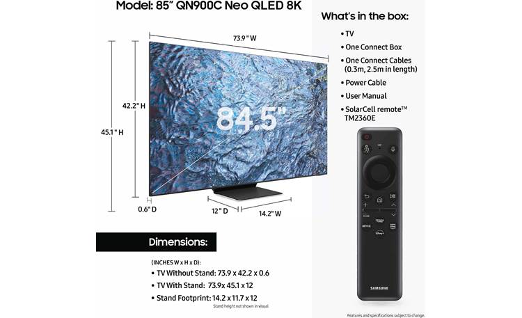 Samsung QN85QN900C Dimensions from the manufacturer may vary slightly from Crutchfield's measurements
