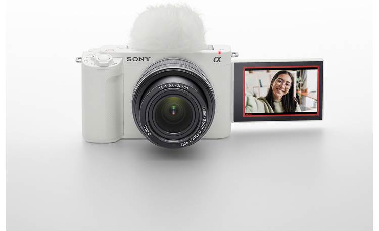 Sony Alpha ZV-E1 Vlog Camera Kit Shown with included windscreen, touchscreen extended