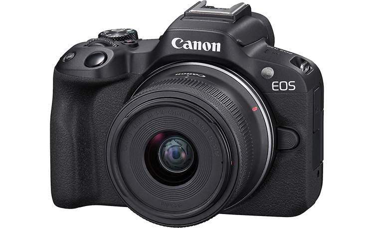 Canon EOS R50 Content Creator Kit EOS R7 angled left view with included lens mounted