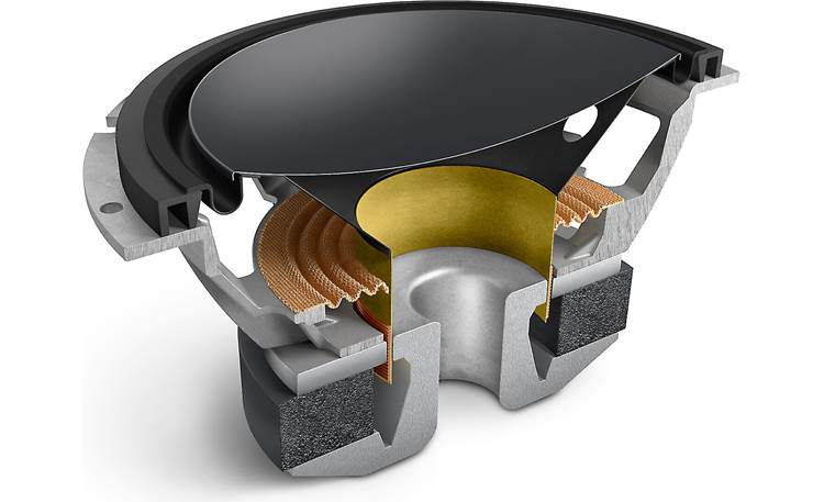 KEF R11 Meta Hybrid woofer cutaway, showing the shallow, concave aluminum skin atop a paper cone