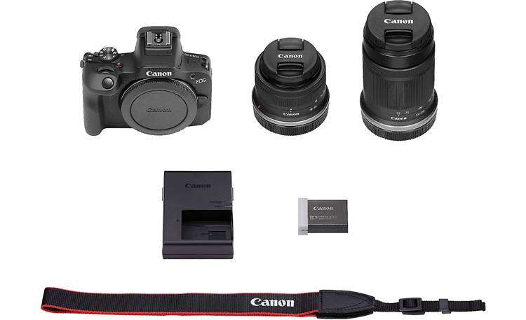 Canon EOS R100 Two Zoom Lens Kit Shown with included accessories