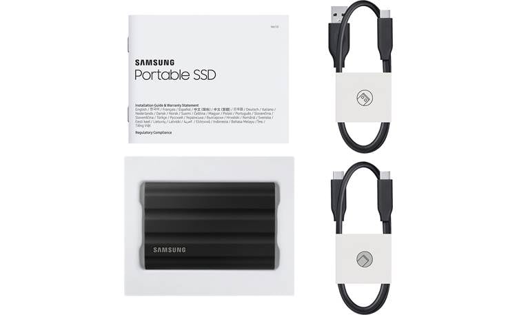 Samsung T7 Shield 2TB Shown with packaging and included USB cables