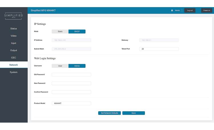 Simplified MFG MX44KT Easily change the log-in information through the web interface