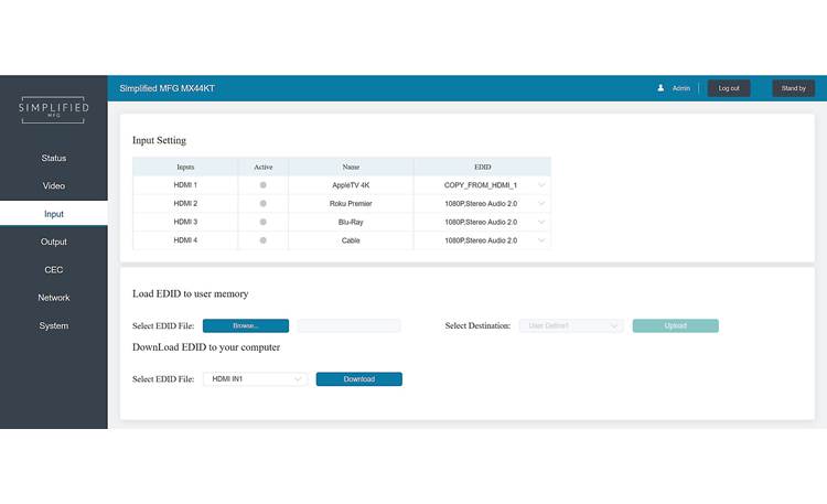 Simplified MFG MX44KT The web interface gives you total control over your inputs and even lets you save EDID profiles