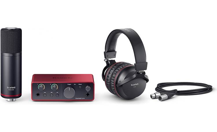Focusrite Scarlett Solo Studio (4th Generation) Microphone, interface, headphones, and mic cable