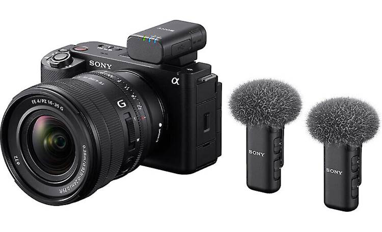 Sony ECM-W3 Transmitters and receiver shown in use with your compatible Sony MI-Shoe-equipped camera