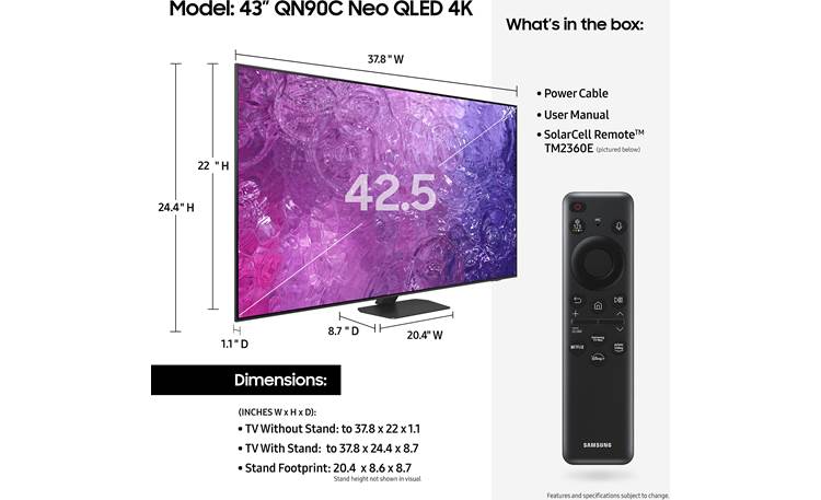 Samsung QN43QN90C Dimensions from manufacturer may vary slightly from Crutchfield's measurements