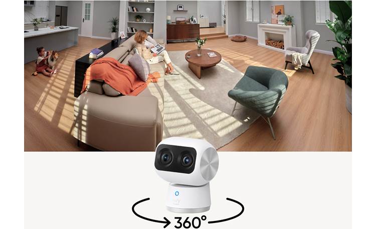 eufy by Anker Indoor Cam S350 Camera pans 360° and tilts 75° for an expansive view