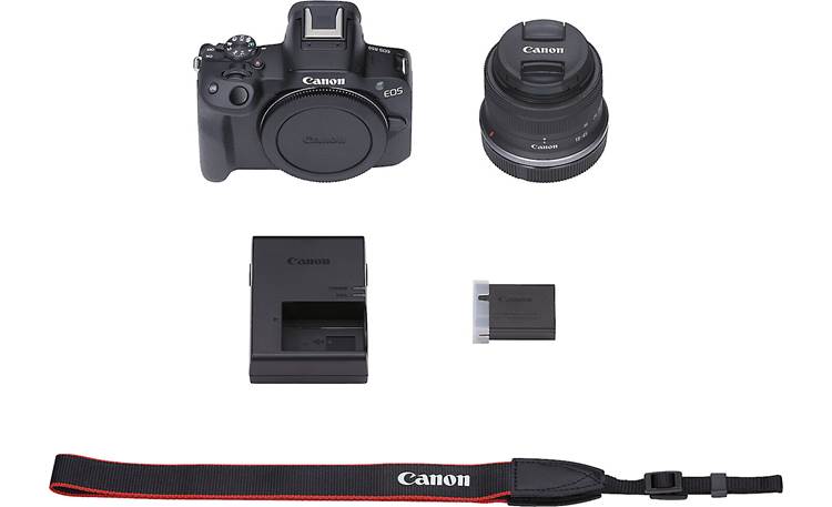 Canon EOS R50 Standard Zoom Kit Shown with included accessories