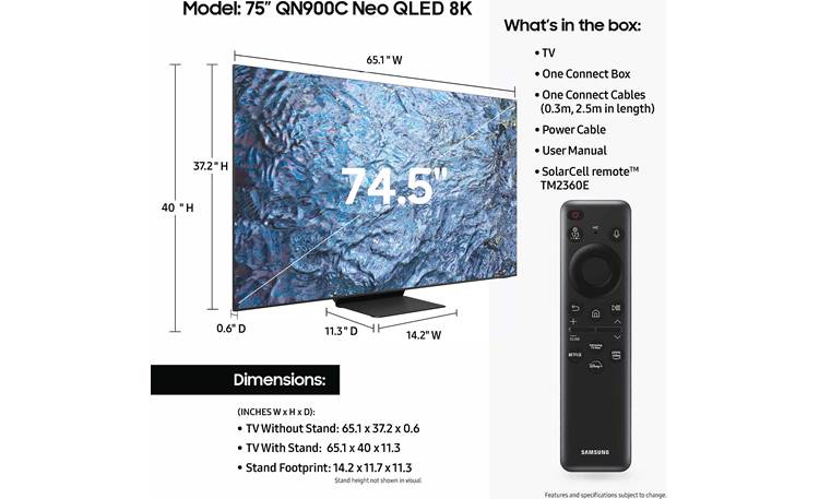 Samsung QN75QN900C Dimensions from the manufacturer may vary slightly from Crutchfield's measurements