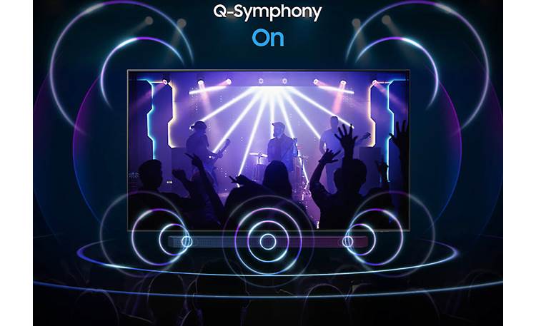 Samsung QN75Q60C Q-Symphony works with compatible Samsung sound bars  (sold separately) for a wider soundstage