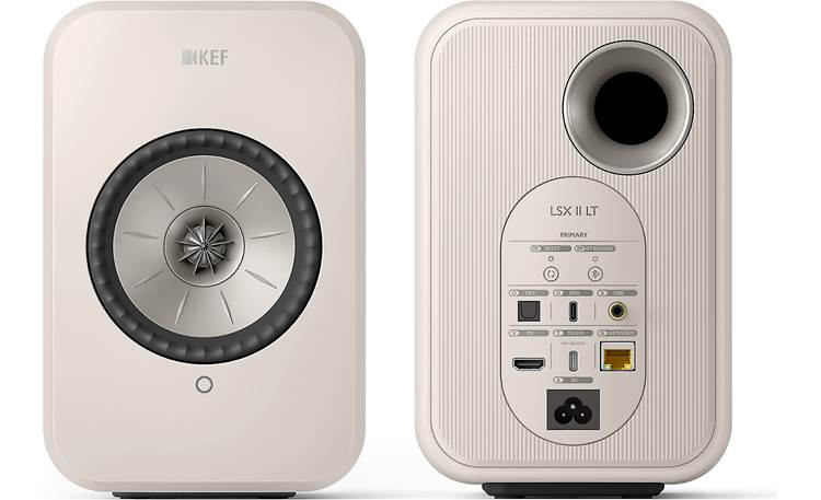 KEF LSX II LT Connections on back of primary speaker include HDMI, USB-C, and optical digital