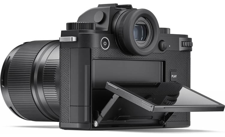 Leica SL3 (no lens included) Back view, angled right with tilting screen extended (lens sold separately) 