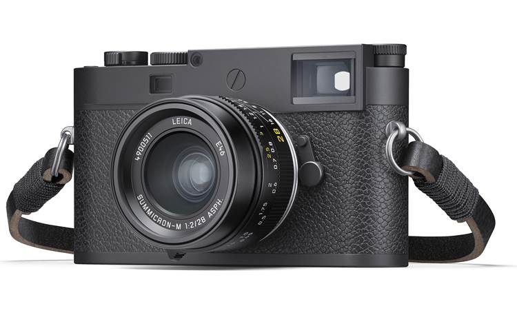 Leica M11-P (no lens included) Angled left view with lens and leather carrying strap (both sold separately)