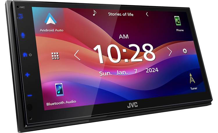 JVC KW-M590BT Slick angled shot shows off integrated Bluetooth microphone and sleek touchscreen controls