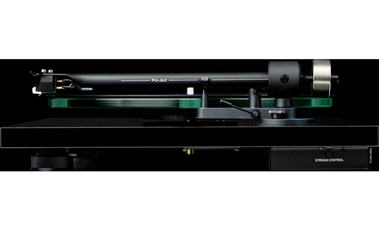 Pro-Ject T2 W Side view showing 9" aluminum tonearm and Stream Control button