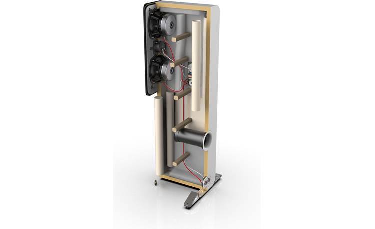 Q Acoustics 5050 X-ray view showing internal PTP™ bracing and HPE™ pressure equalizer tubes