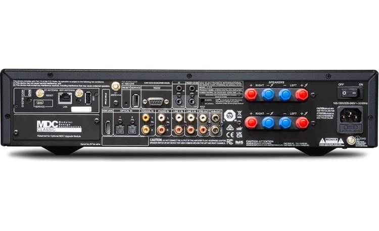 NAD C 379 BluOS-D Digital and analog inputs (including HDMI eARC), pre-installed BluOS module, and binding posts for two pairs of speakers