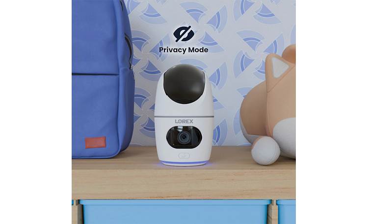 Lorex 2K Dual-Lens Indoor Pan-Tilt Wi-Fi Security Camera Privacy Mode stops recording and swivels the top camera 180° down