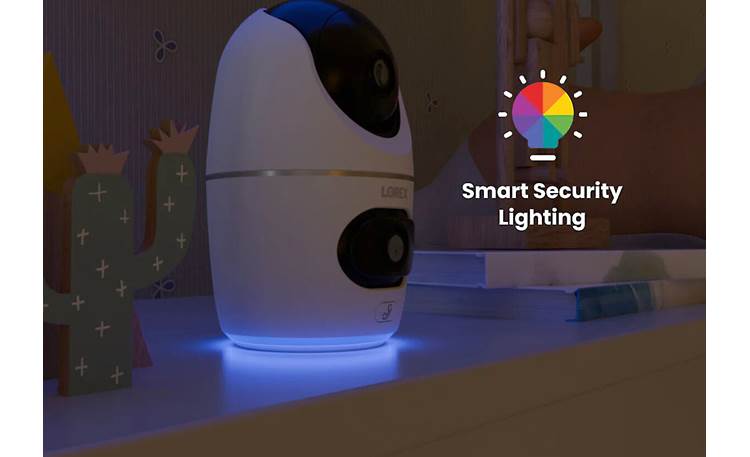 Lorex 2K Dual-Lens Indoor Pan-Tilt Wi-Fi Security Camera LED ring can act as a nightlight