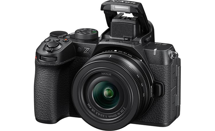 Nikon Z 50II Kit Front, angled view, featuring pop-up flash