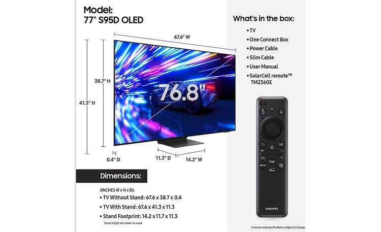 Samsung QN77S95D Dimensions from manufacturer may vary slightly from Crutchfield's measurements