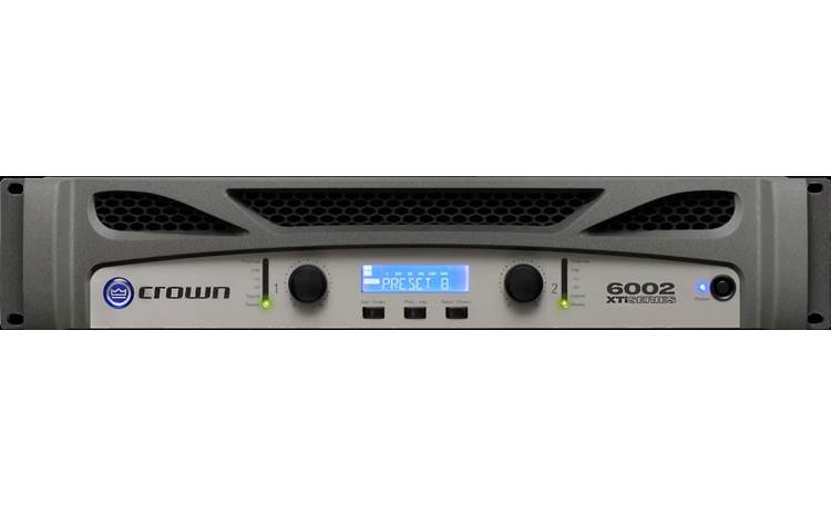 Crown XTi 6002 The front panel includes gain controls for each channel, LED indicators, an LCD screen with three menu buttons, and the power switch.